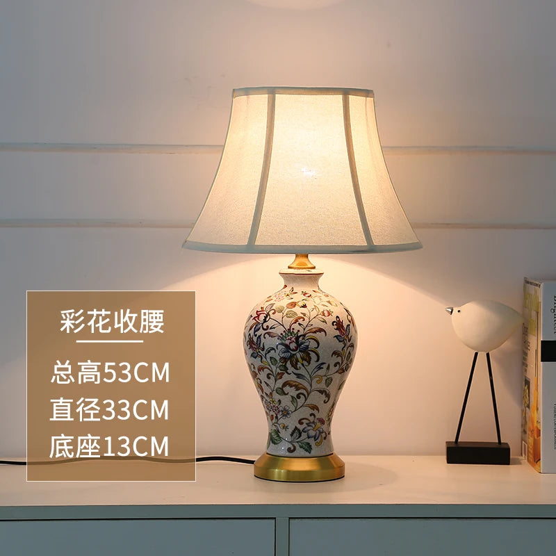 Retro Printed Ceramic LED Table Lamp with Fold Fabric Shade