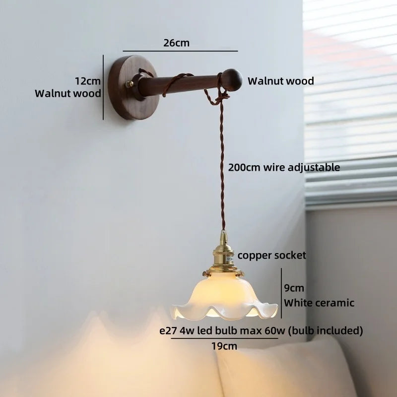 Chloé Ceramic Walnut Wall Lamp with Pull Chain Switch