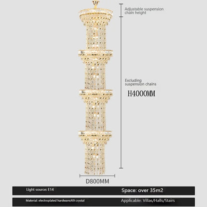 Hollow Spiral Crystal Long Chandelier for Staircase and Living Room