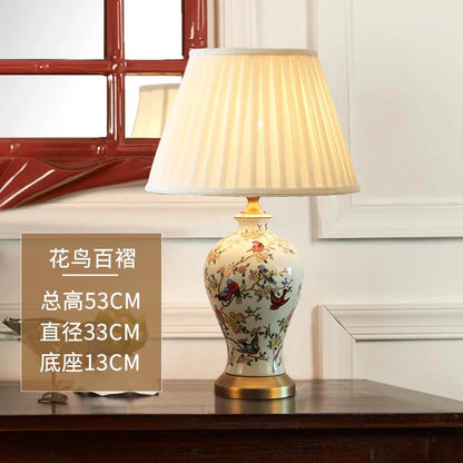 Retro Printed Ceramic LED Table Lamp with Fold Fabric Shade
