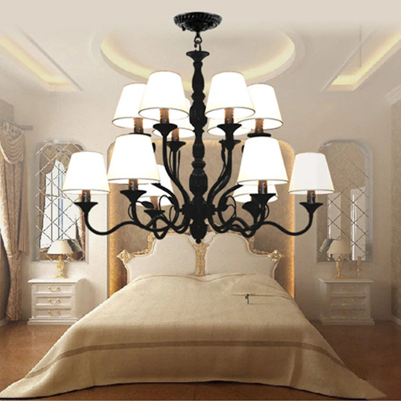 Luxury Rustic Wrought Iron Chandelier with Blue Candle LED Lights for Living Room