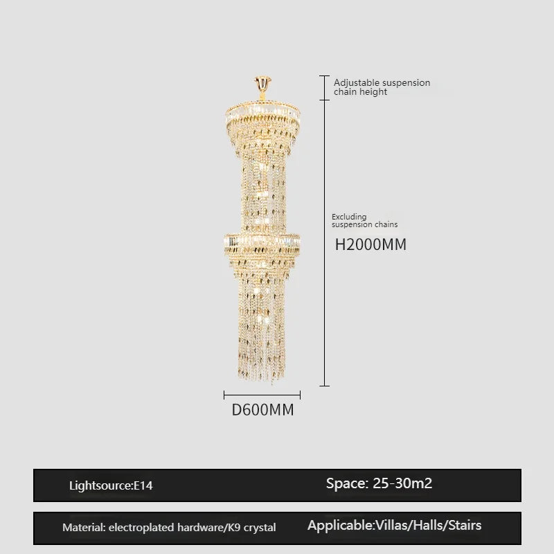Hollow Spiral Crystal Long Chandelier for Staircase and Living Room