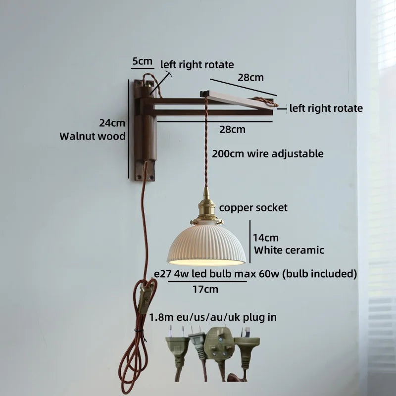 Amélie Walnut Wood Ceramic Wall Lamp with Pull Switch