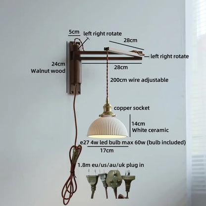 Amélie Walnut Wood Ceramic Wall Lamp with Pull Switch
