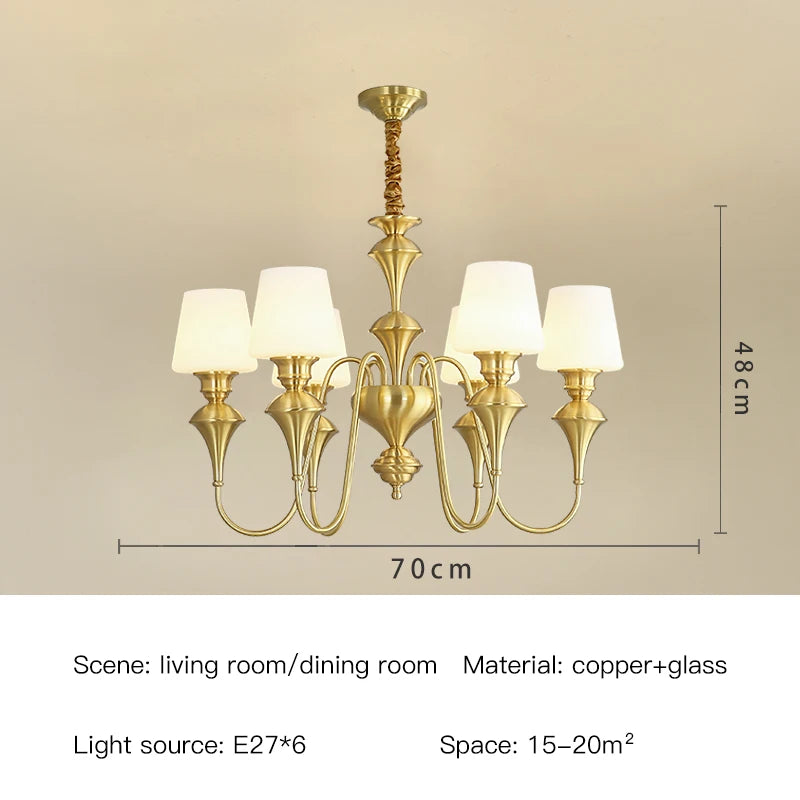 Classic Copper Ceiling Chandelier with Frosted Glass Shades for Living Room