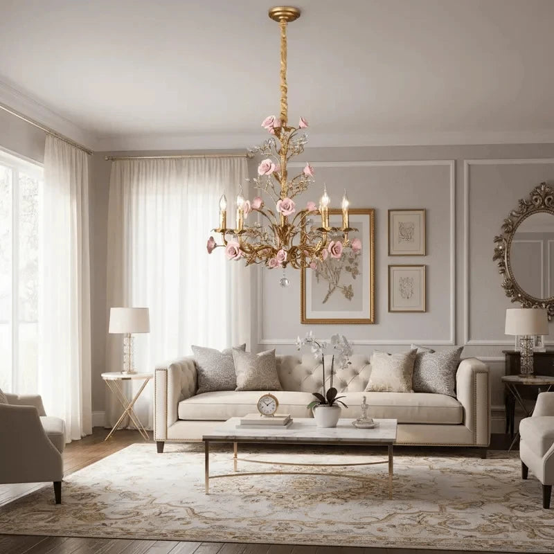 Chloé French Rose Gold Ceramic Flower 5-Light Pendant Lamp