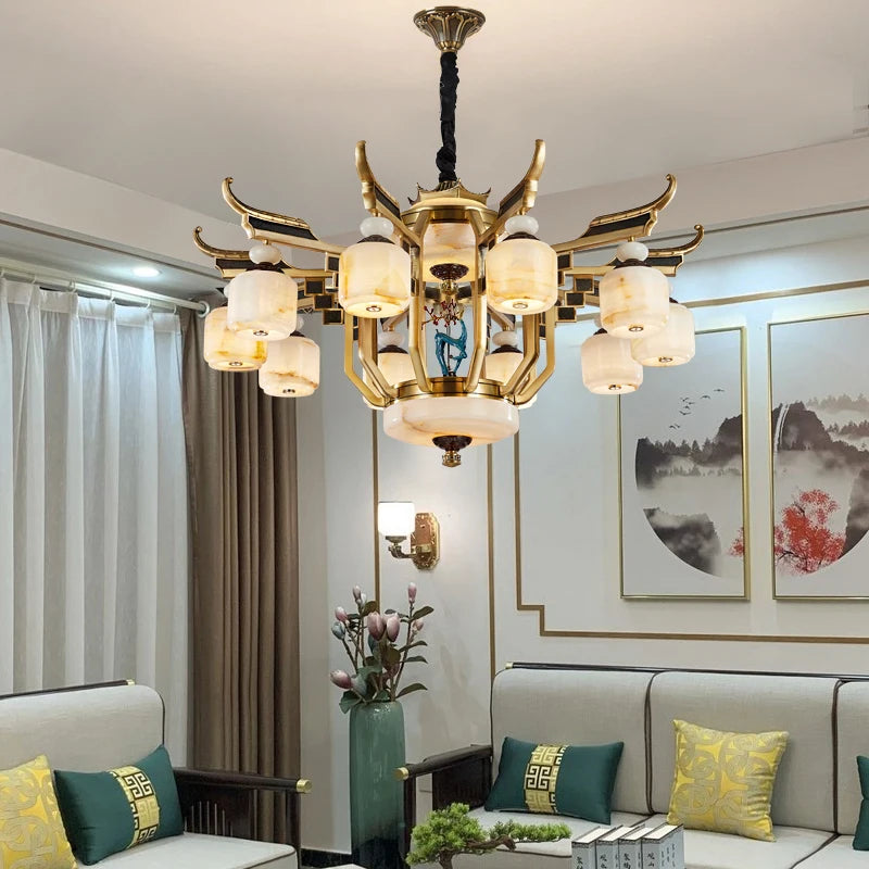 Copper Chandelier with Marble, 20+ Lights, Remote Control