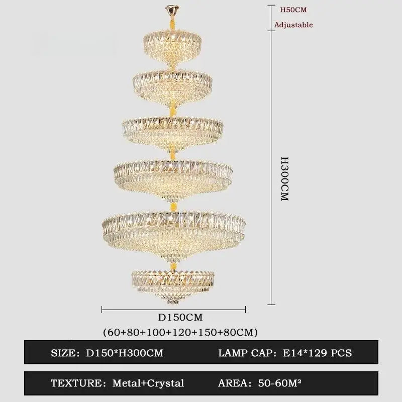 Camille French Luxury Long Crystal Chandelier, Gold LED, Grand Lobby Light