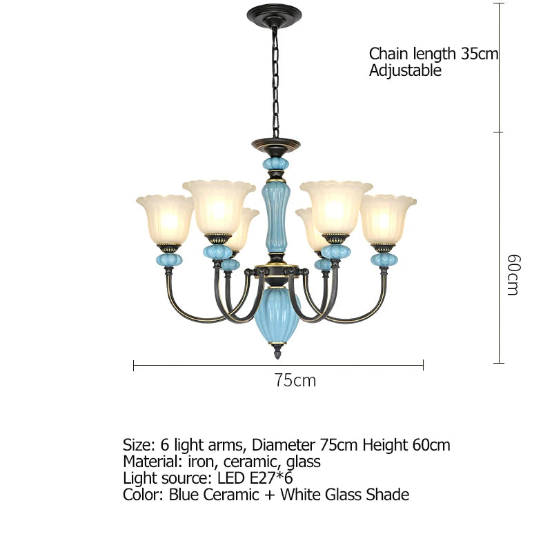 Manon Blue Ceramic Rustic European Chandelier Light