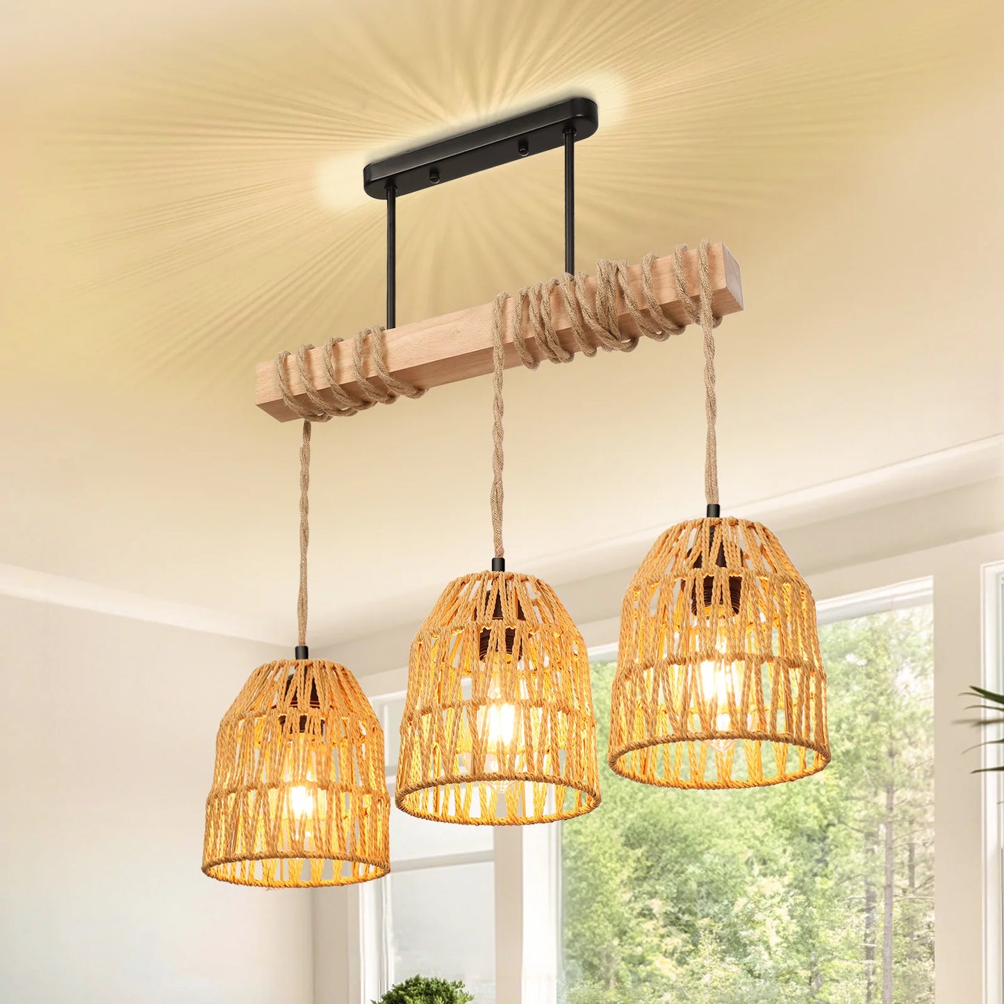 Élise Boho Rattan Ceiling Chandelier E27 Handwoven Flush Mount Light