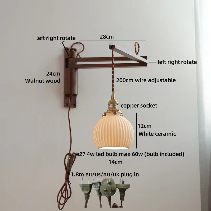 Amélie Walnut Wood Ceramic Wall Lamp with Pull Switch