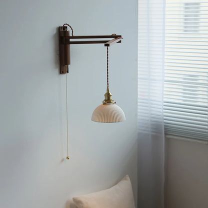 Amélie Walnut Wood Ceramic Wall Lamp with Pull Switch