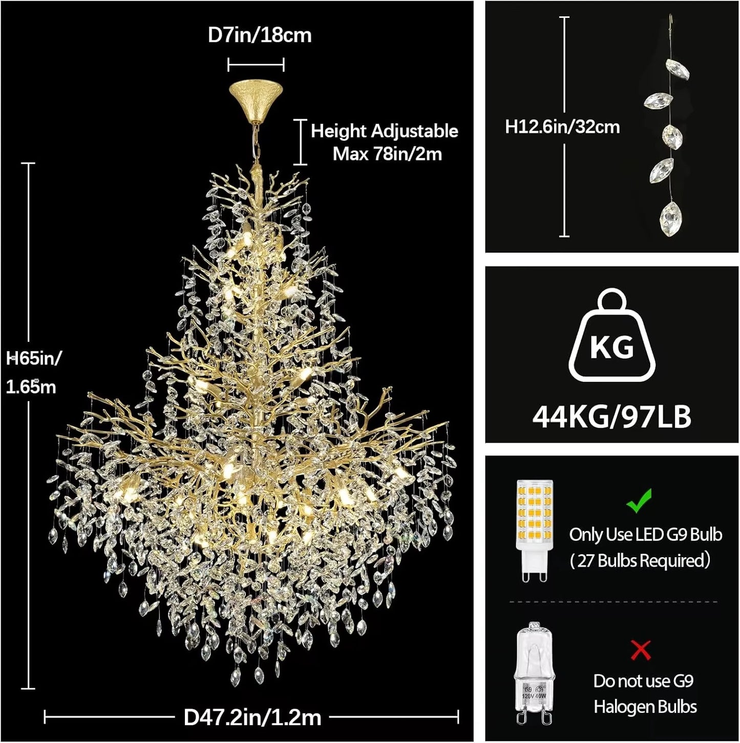 Crystal Tree Branch Pendant Chandelier for Loft and Staircase
