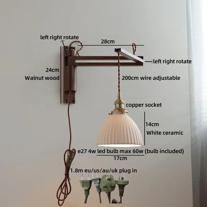 Amélie Walnut Wood Ceramic Wall Lamp with Pull Switch