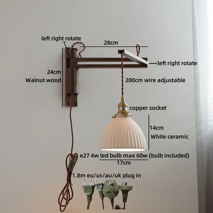 Amélie Walnut Wood Ceramic Wall Lamp with Pull Switch