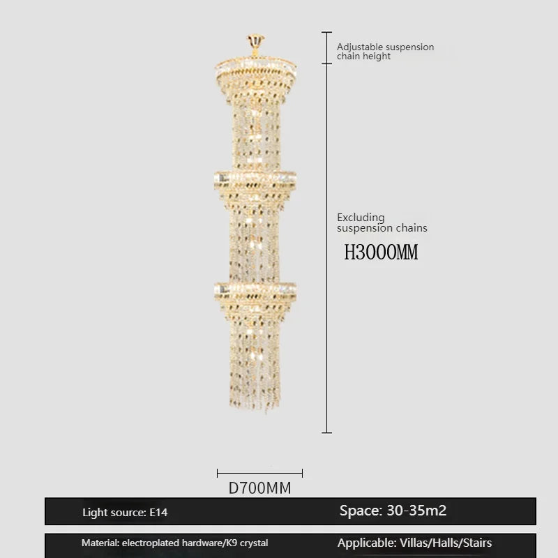 Hollow Spiral Crystal Long Chandelier for Staircase and Living Room