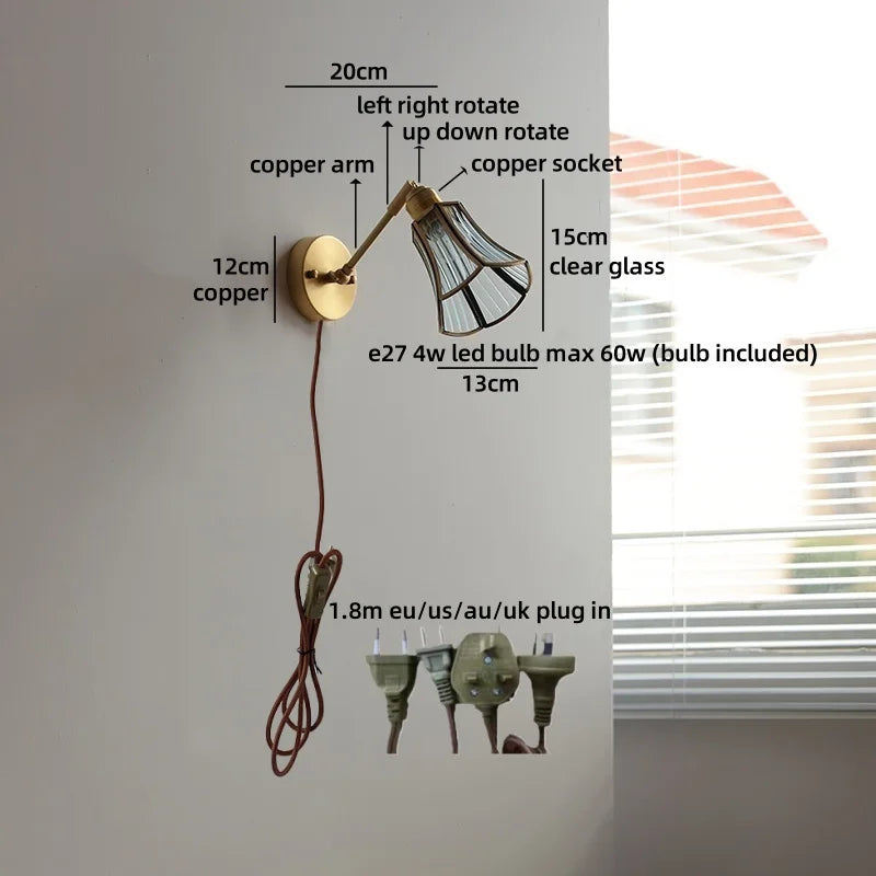 Élise Vintage Gold Glass Copper LED Wall Lamp Brass Arm