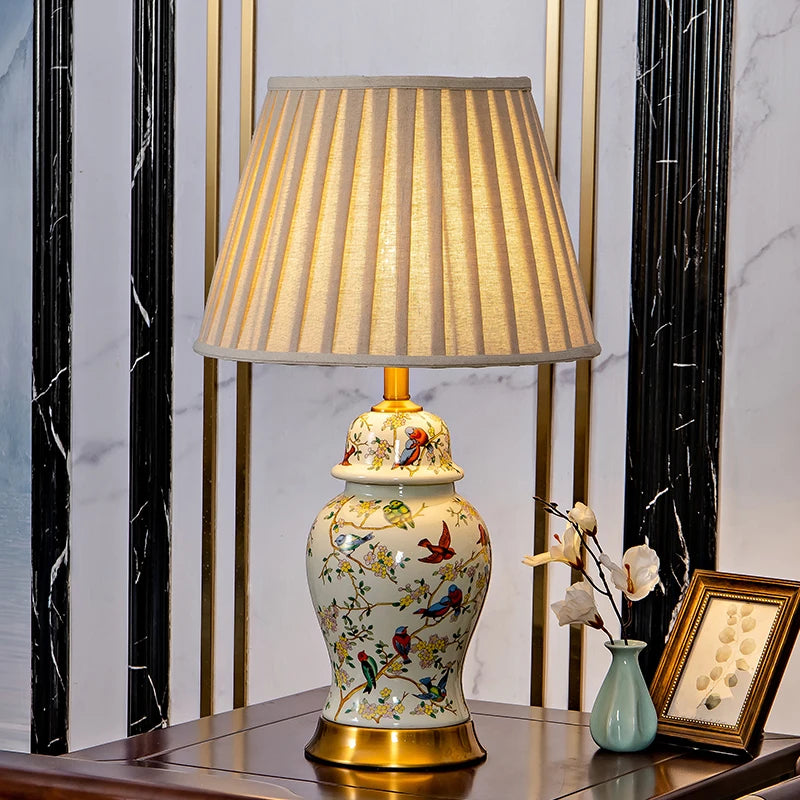 Floral Bird Ceramic Table Lamp with Fabric Shade for Bedroom Study
