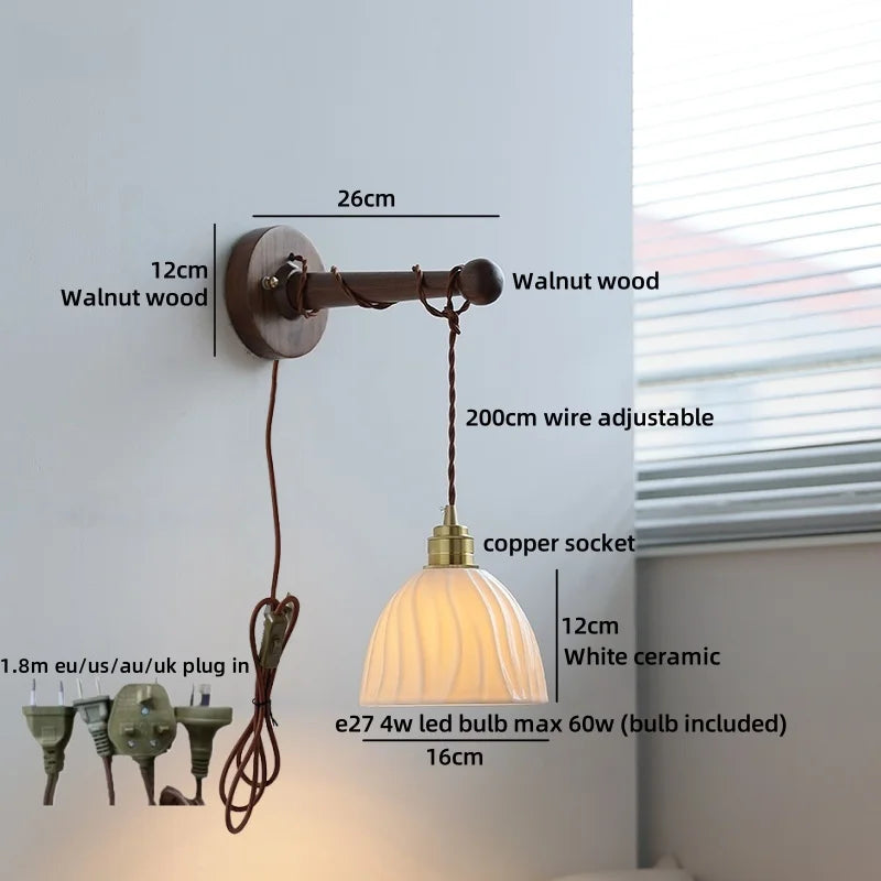 Chloé Ceramic Walnut Wall Lamp with Pull Chain Switch