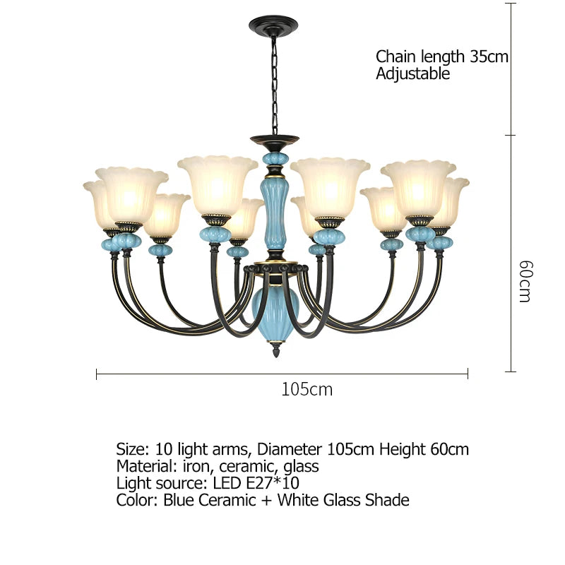 Manon Blue Ceramic Rustic European Chandelier Light