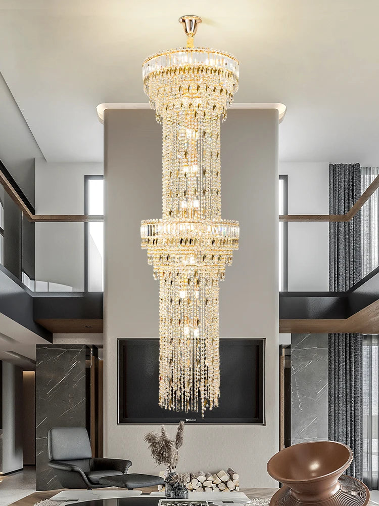 Hollow Spiral Crystal Long Chandelier for Staircase and Living Room