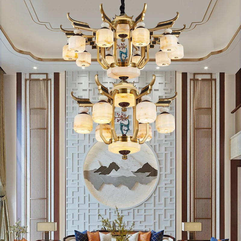 Copper Chandelier with Marble, 20+ Lights, Remote Control