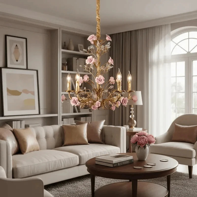 Chloé French Rose Gold Ceramic Flower 5-Light Pendant Lamp