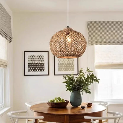 Élise Japanese Rattan Pendant Light E27 Woven LED Chandelier Beige