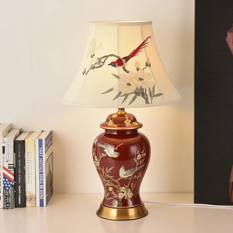 Hand Embroidered Magpie Ceramic LED Floor Lamp for Home Decor
