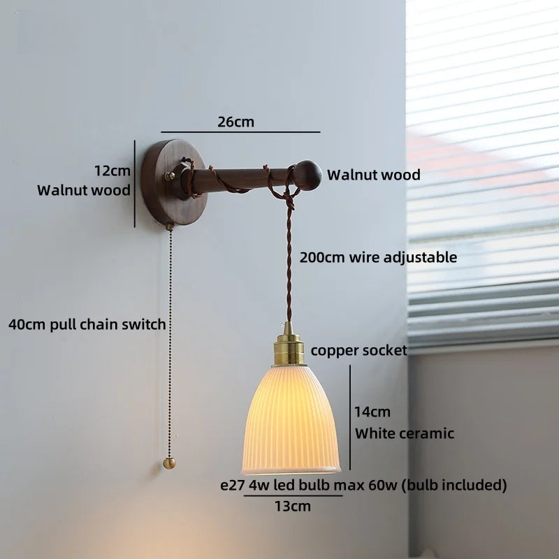 Chloé Ceramic Walnut Wall Lamp with Pull Chain Switch