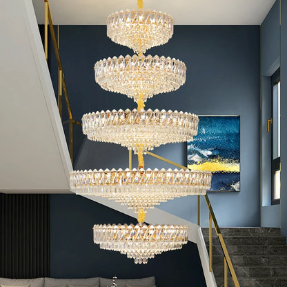 Camille French Luxury Long Crystal Chandelier, Gold LED, Grand Lobby Light