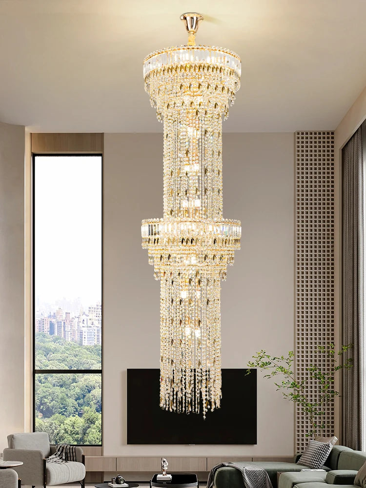 Hollow Spiral Crystal Long Chandelier for Staircase and Living Room
