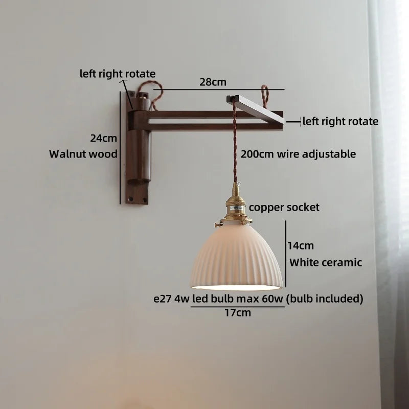 Amélie Walnut Wood Ceramic Wall Lamp with Pull Switch