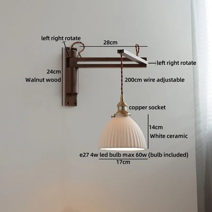 Amélie Walnut Wood Ceramic Wall Lamp with Pull Switch