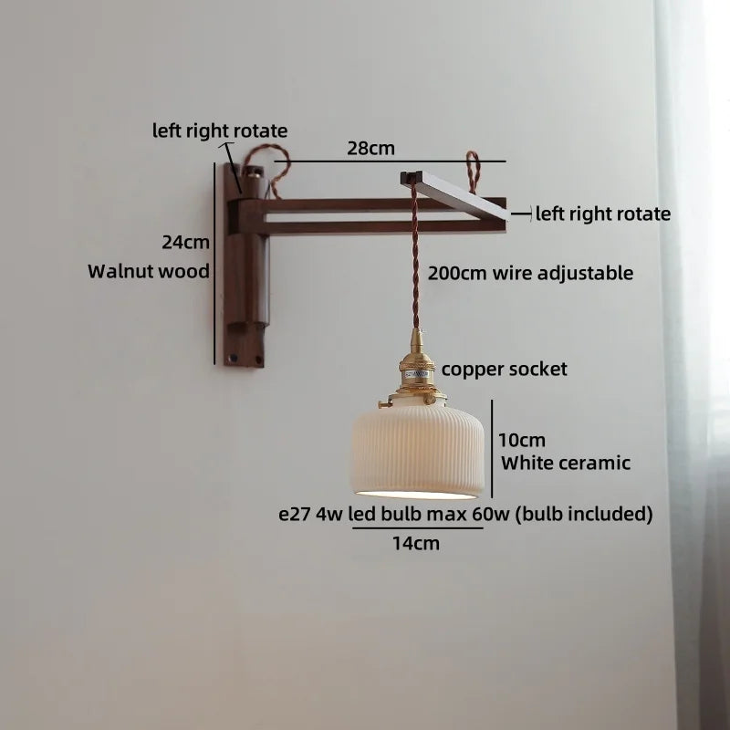 Amélie Walnut Wood Ceramic Wall Lamp with Pull Switch