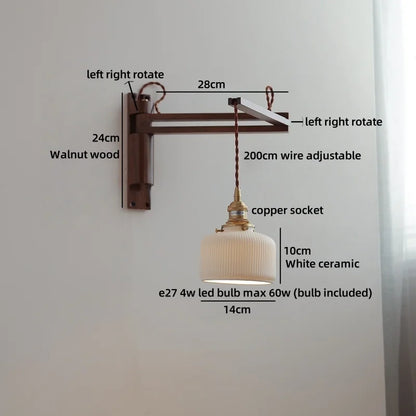Amélie Walnut Wood Ceramic Wall Lamp with Pull Switch