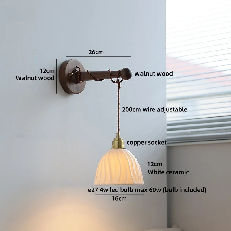 Chloé Ceramic Walnut Wall Lamp with Pull Chain Switch