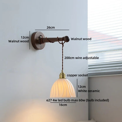 Chloé Ceramic Walnut Wall Lamp with Pull Chain Switch