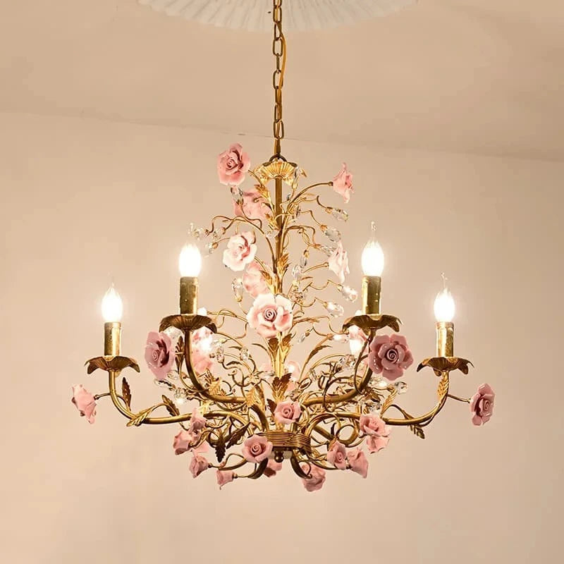 Chloé French Rose Gold Ceramic Flower 5-Light Pendant Lamp