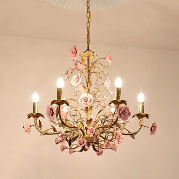 Chloé French Rose Gold Ceramic Flower 5-Light Pendant Lamp