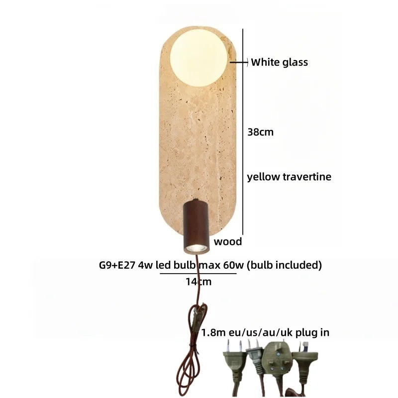 Sophie Yellow Travertine Wood LED Wall Lamp Wabi Sabi