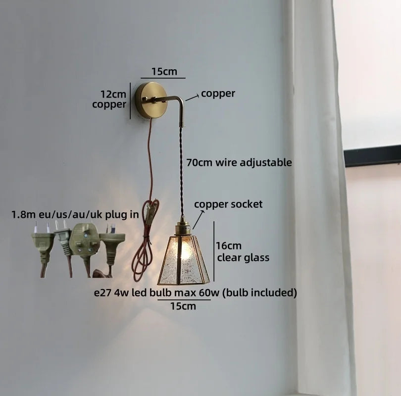 Élise Vintage Gold Glass Copper LED Wall Lamp Brass Arm
