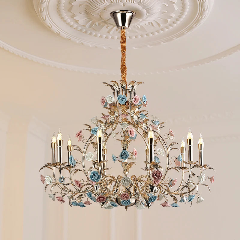 Camille European Floral Ceramic Rose LED Chandelier Modern Art Deco
