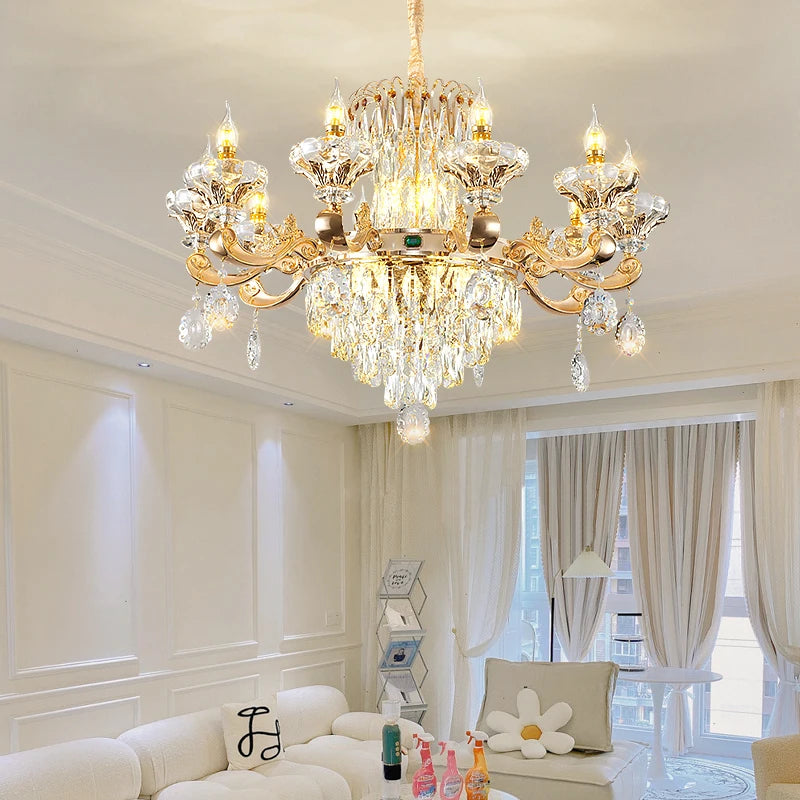 Gold Crystal Candle Chandelier for Duplex Villa and Hotel Lobby