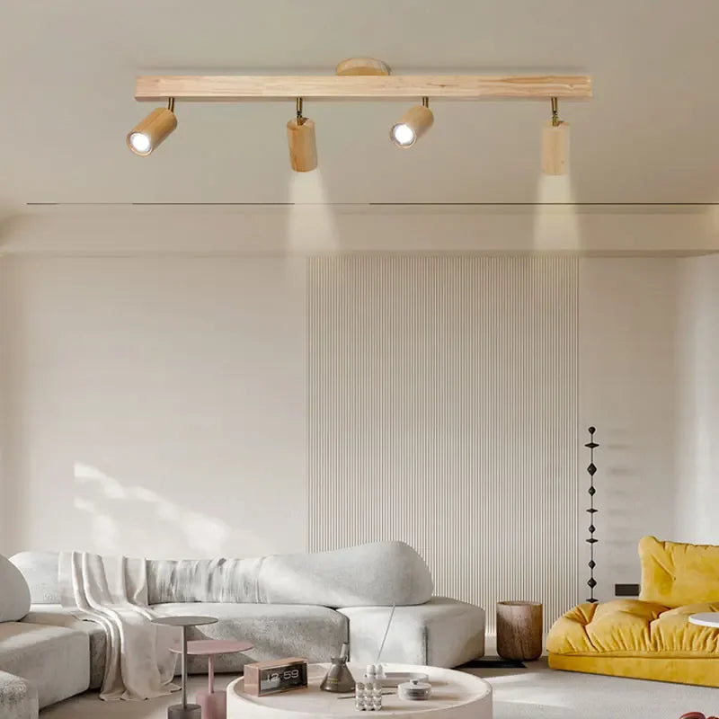 Élise Japanese Modern Wooden LED Ceiling Track Spotlight Chandelier