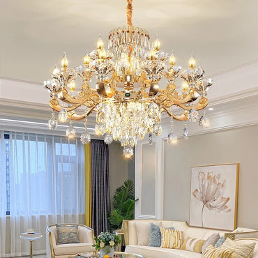 Gold Crystal Candle Chandelier for Duplex Villa and Hotel Lobby
