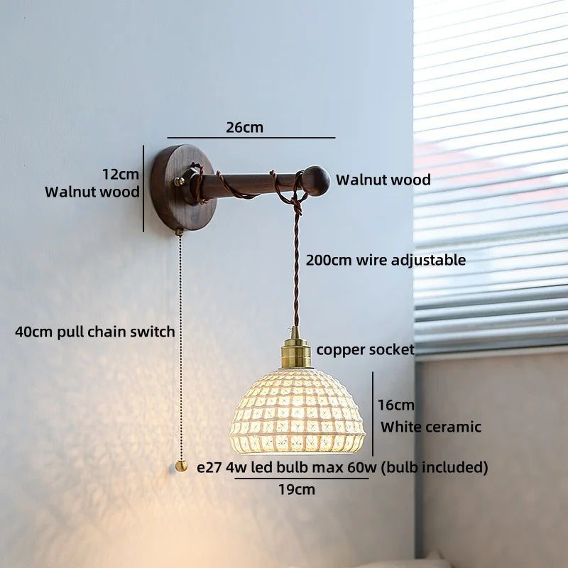Chloé Ceramic Walnut Wall Lamp with Pull Chain Switch