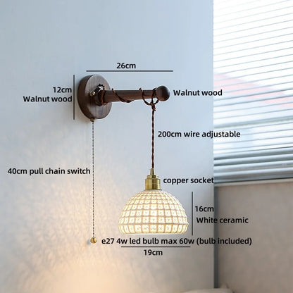 Chloé Ceramic Walnut Wall Lamp with Pull Chain Switch