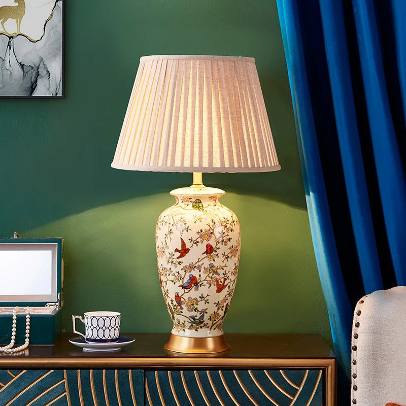 Retro Printed Ceramic LED Table Lamp with Fold Fabric Shade