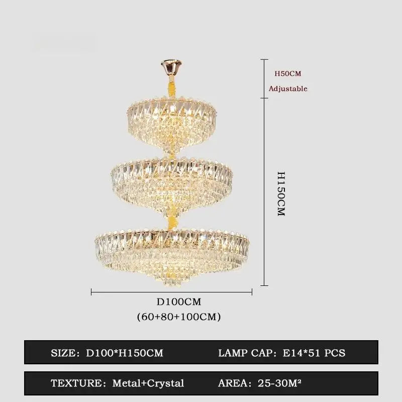 Camille French Luxury Long Crystal Chandelier, Gold LED, Grand Lobby Light
